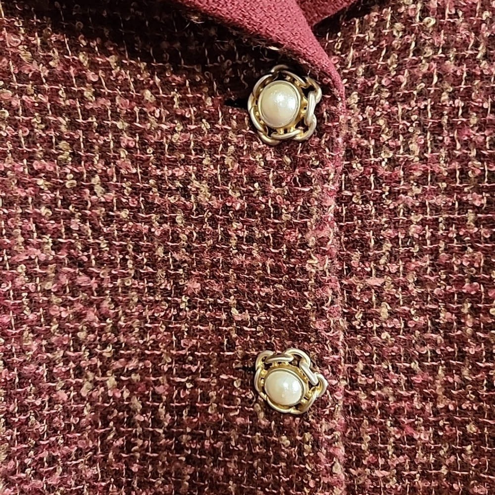 Leslie Fay Vintage Red Pink Maroon Tweed Blazer Jacket Pearl Buttons Wool Bld 18 - Picture 2 of 13